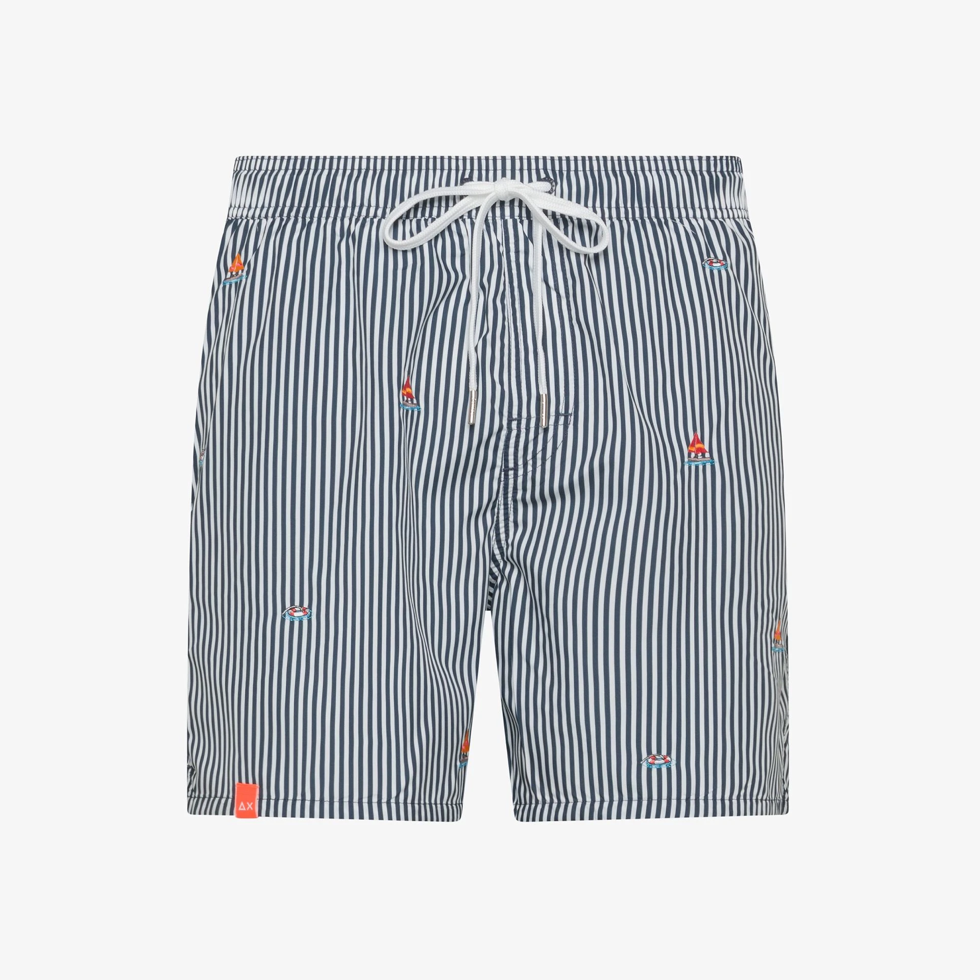 Shorts Mare SUN68 a Righe Blu Navy e Bianco con Ricami